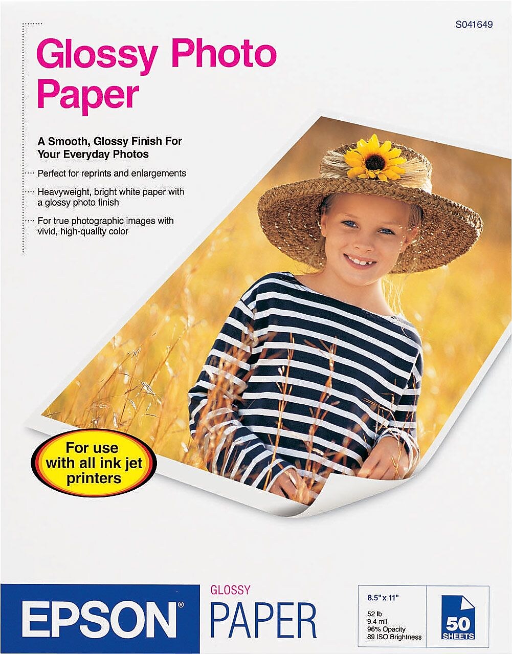 Epson Glossy Photo Paper, 8.5" x 11", 20 Sheets/Pack (S041141)