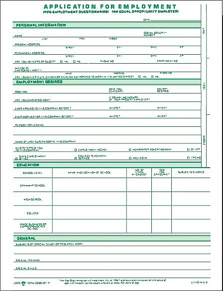 TOPS® Application For Employment, 4 Sided, Folded, Ruled, 1-Part, 11" x 8 1/2", 25/Pk