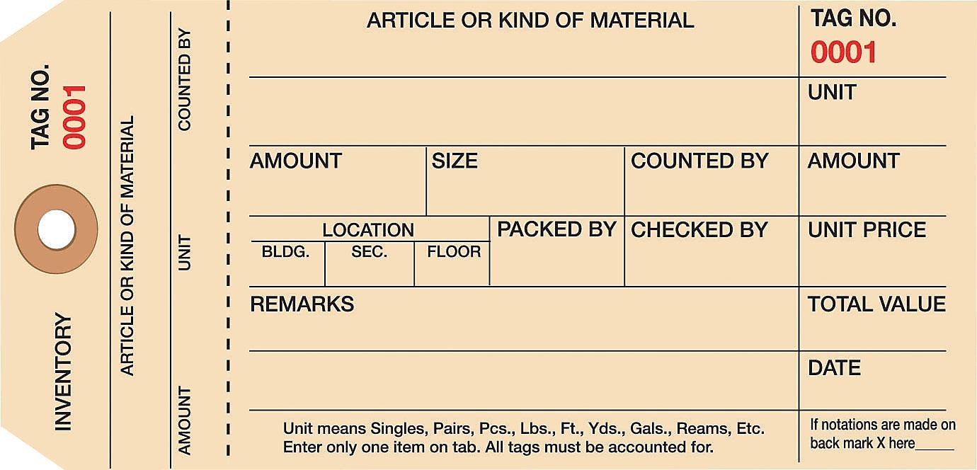 1 Part Stub Style Numbered Inventory Tags: 1,000-1,999, 1000/Case