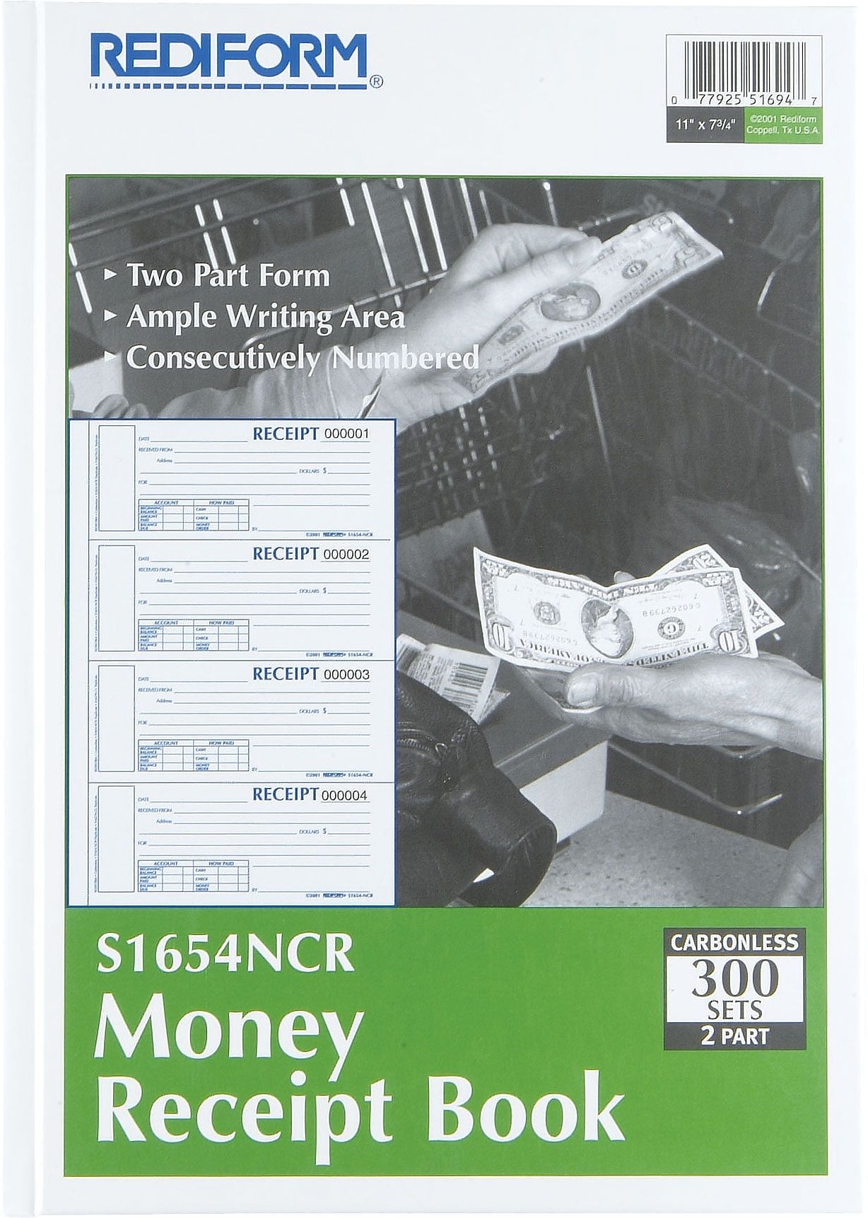 Rediform Carbonless Money Receipt Books, 11" x 8", 2-Part, 300 Sets (S1654NCR)