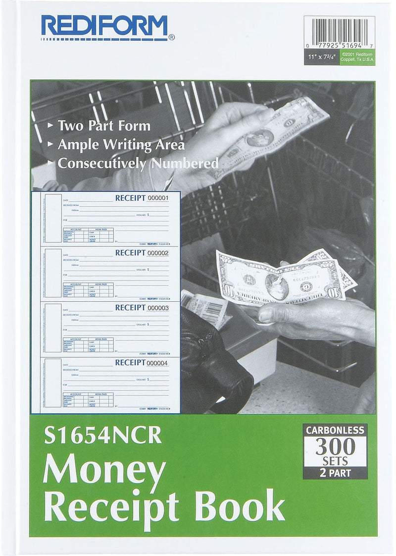 Rediform Carbonless Money Receipt Books, 11" x 8", 2-Part, 300 Sets (S1654NCR)