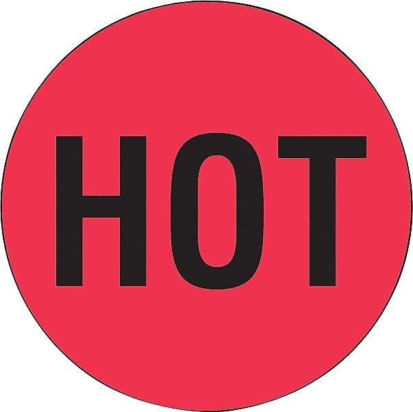 Decker Tape Products "HOT" Shipping Label, 2" Dia., Red/Black, 500 Labels/Roll, 1/Roll (LABDL1730)