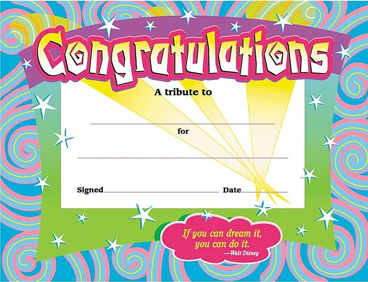 Trend Enterprises "Congratulations" Award Certificates, Assorted Colors, 8 1/2"H x 11"W, 30/Pk (T2954)