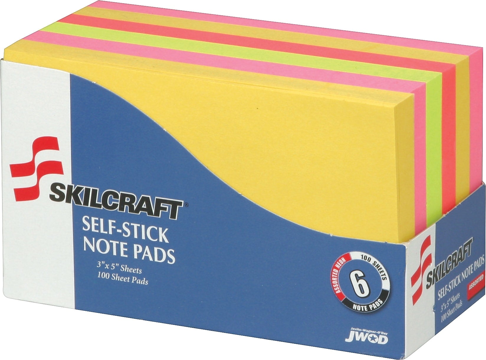 AbilityOne Neon Self-Stick Note Pads, 3" x 5", Assorted, 6 Pads/Pk