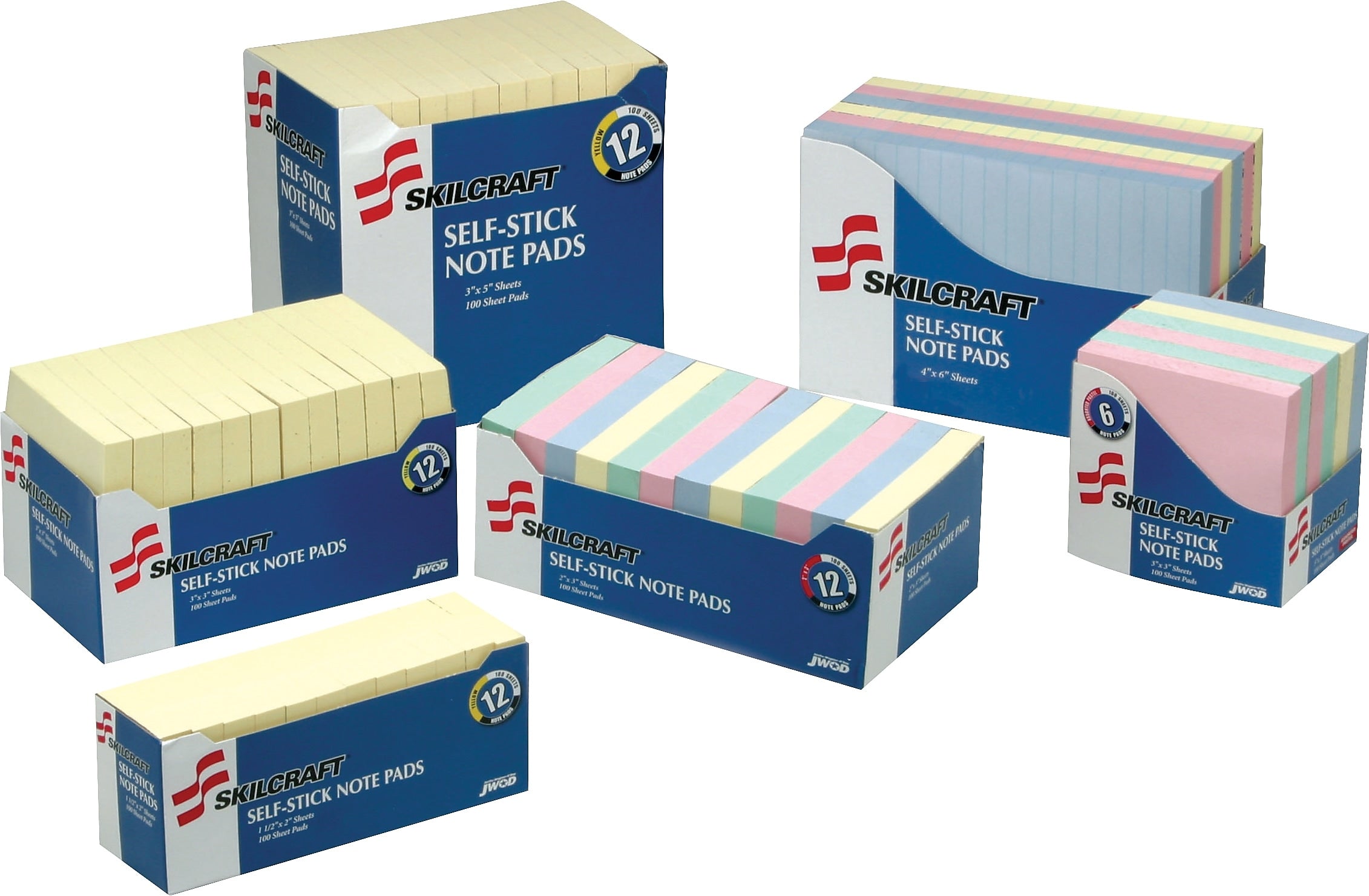 AbilityOne  Self-Stick Note Pads, Assorted Colors, 3" x 3", 6/Pk