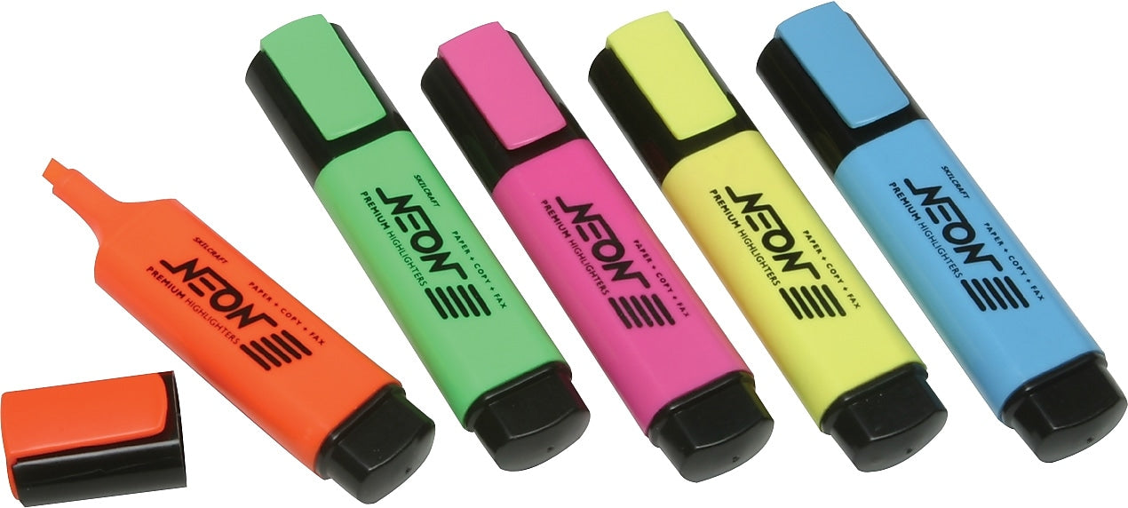 AbilityOne Flat Highlighters, Chisel Point, Assorted Colors, 5/St