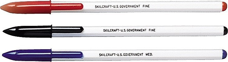 AbilityOne SkilCraft Stick Ballpoint Pens, Medium Point, Blue Ink / White Barrel, 12/Pk