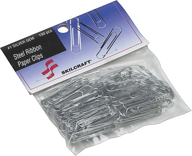 AbilityOne National Industries for the Blind/Severe Handicap Paper Clips, Standard #1, .034" Gauges Thick, 100/Pk