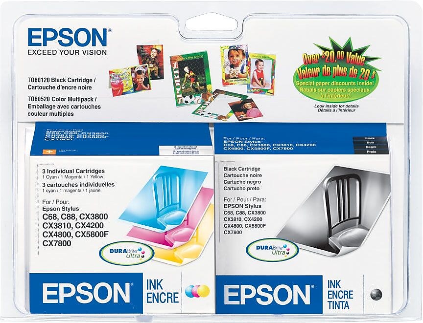 Epson T60 Black/Cyan/Magenta/Yellow Standard Yield Ink Cartridge, 4/Pack (T060120-BCS)