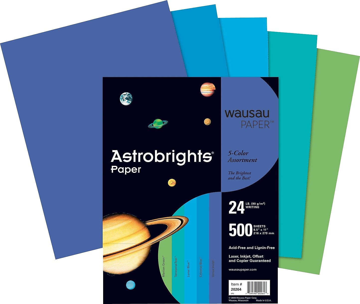 Astrobrights Colored Paper, 24 lbs., 8.5" x 11", Assorted Cool Colors, 500 Sheets/Ream (WAU20274)