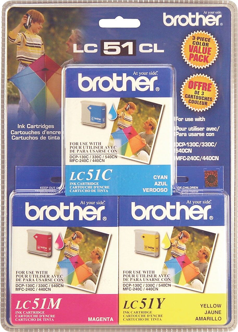 Brother LC51 Cyan/Magenta/Yellow Standard Yield Ink Cartridge, 3/Pack (LC-51CL3PK)