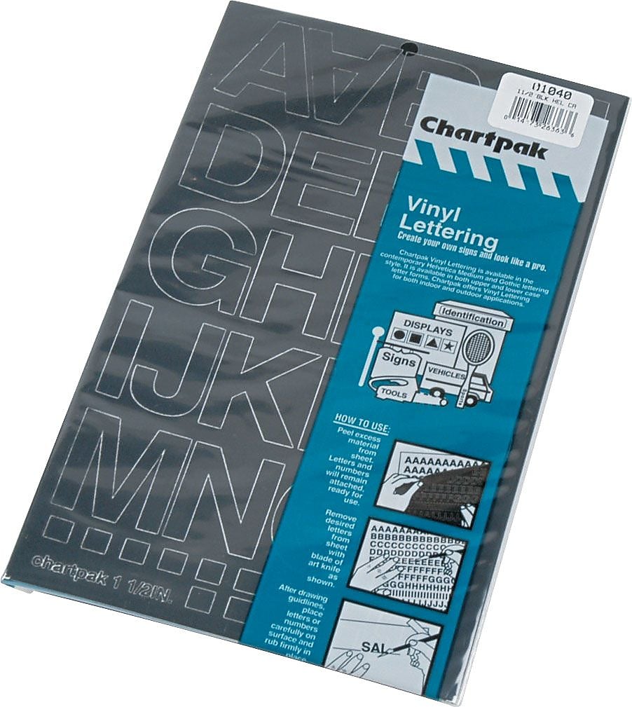 Chartpak Press-On Vinyl Uppercase Letters/Numbers, Black, 1-1/2" High, Helvetica (CHA01040)