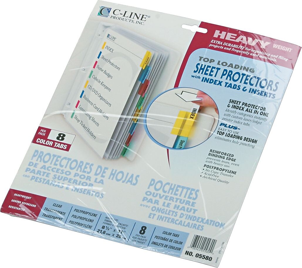 C-Line Heavyweight Sheet Protectors, 11" x 8-1/2", Assorted Colors, 8 Tab Set (05580)