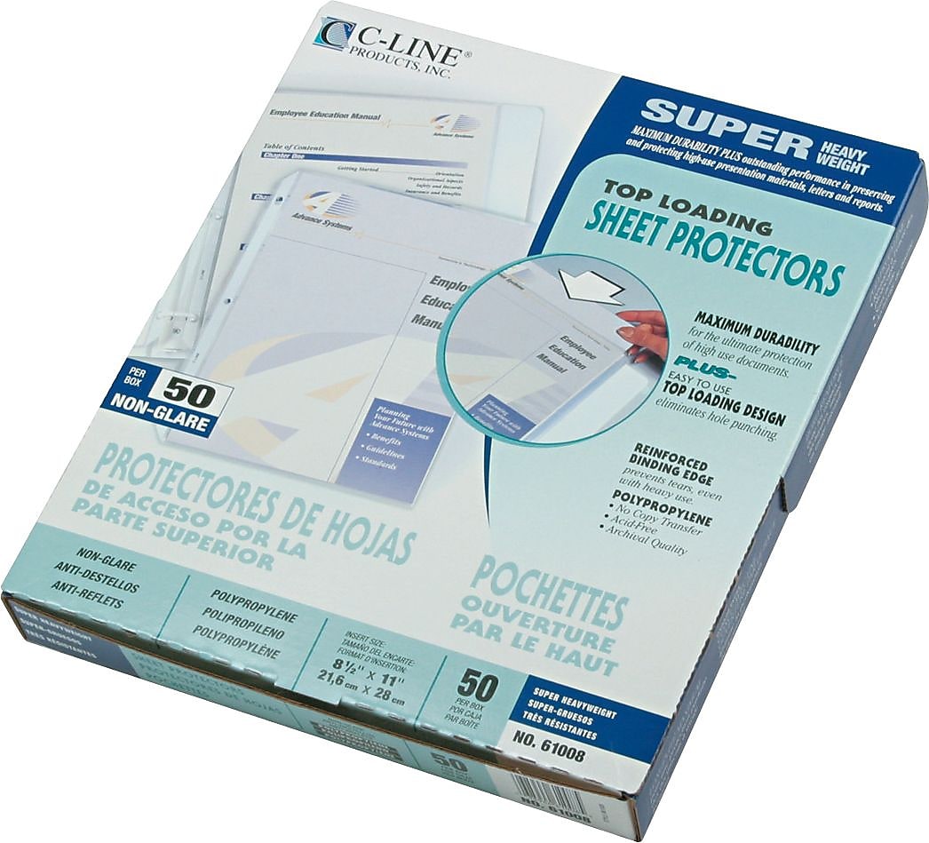 C-Line Top Load Sheet Protector, Super Heavyweight, Non-Glare, 11 x 8-1/2, Clear, 50/Box (61008)