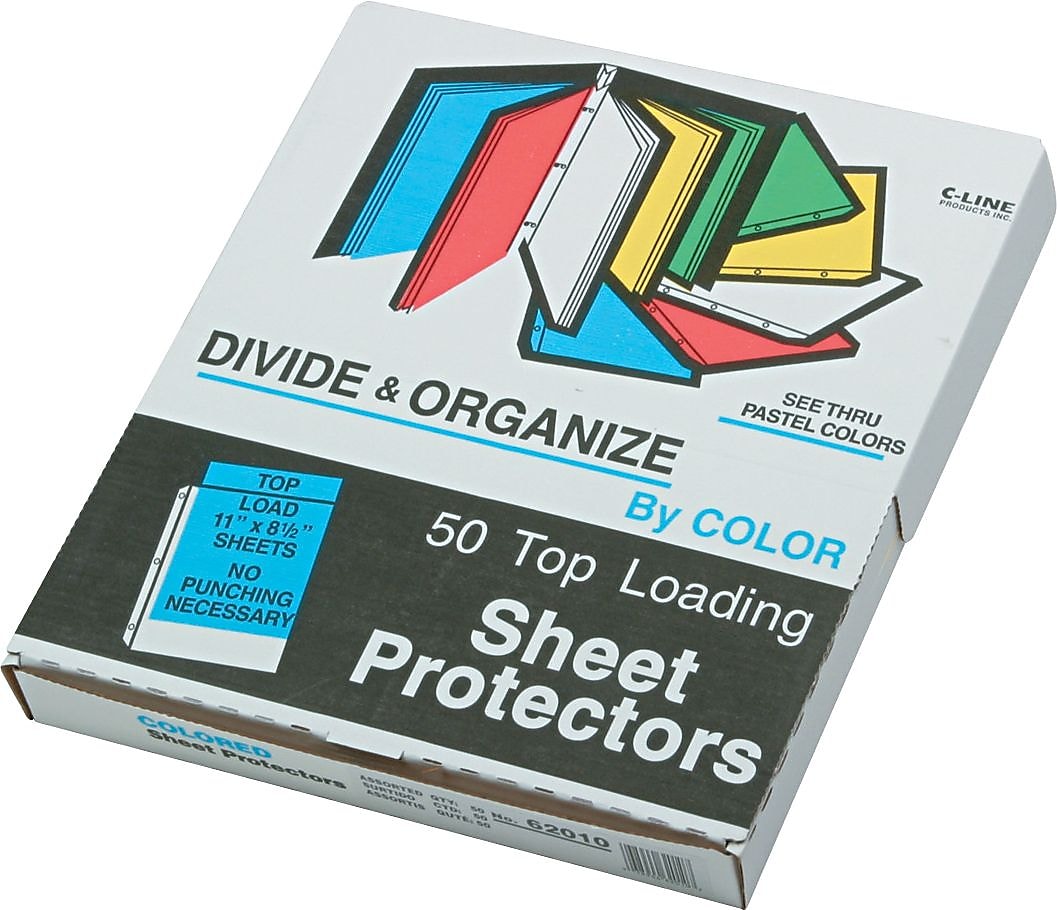 C-Line Colored Heavyweight Sheet Protectors, Assorted, 8-1/2" x 11", 50/Box (62010)