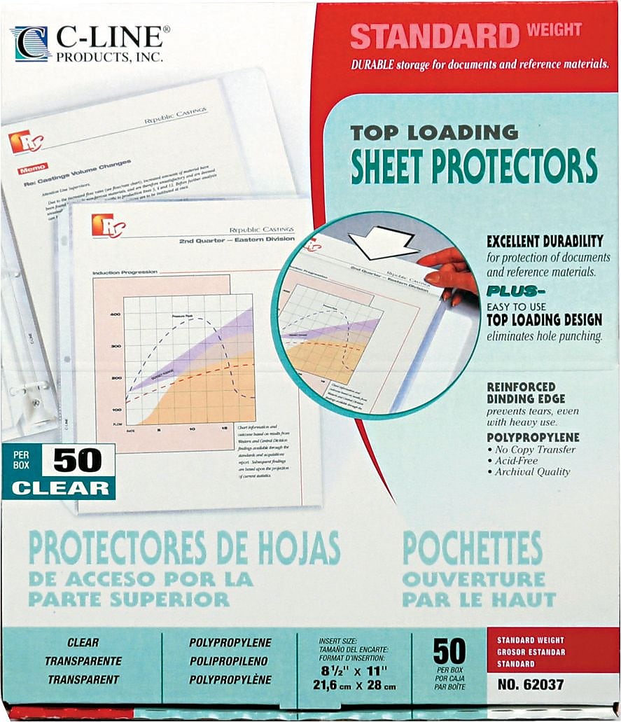 C-Line Standard Weight Sheet Protectors, 11" x 8-1/2", Clear, 50/Box (62037)