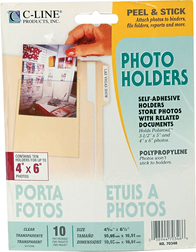 C-Line Peel & Stick Photo Holders for 3" x 5" & 4" x 6" Photos, Clear, 10/Pack (CLI70346)