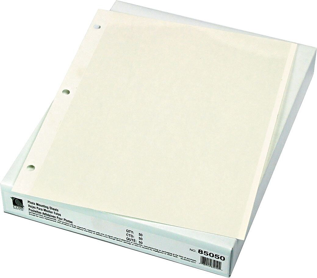 C-Line® Redi-Mount Photo Sheets, 3-Hole Punched, 11" x 9", Clear, 50 Sheets/ Box (85050)