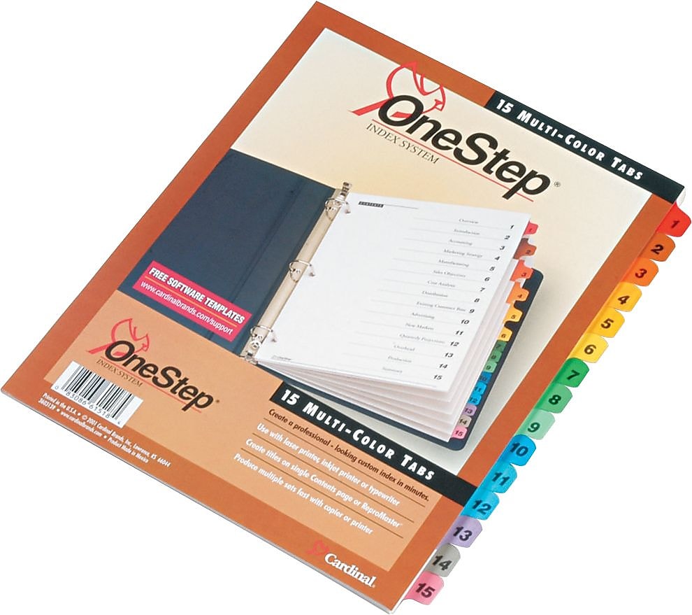 Cardinal® OneStep® Printable Table of Contents and Dividers, 15-Tab, Multicolor, 1/St