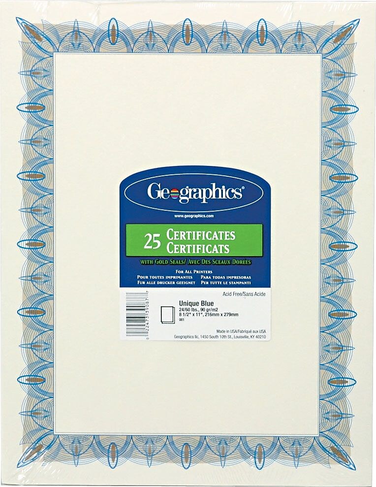 Geographics Achievement Certificates, 8.5" x 11", Blue/White, 25/Pack (GEO39087)