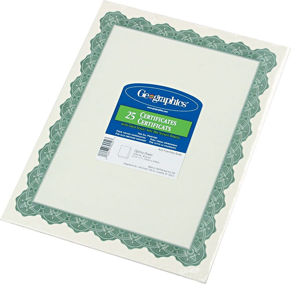 Parchment Paper Certificates, 8.5 x 11, Optima Green with White Border, 25/Pack (GEO39452)