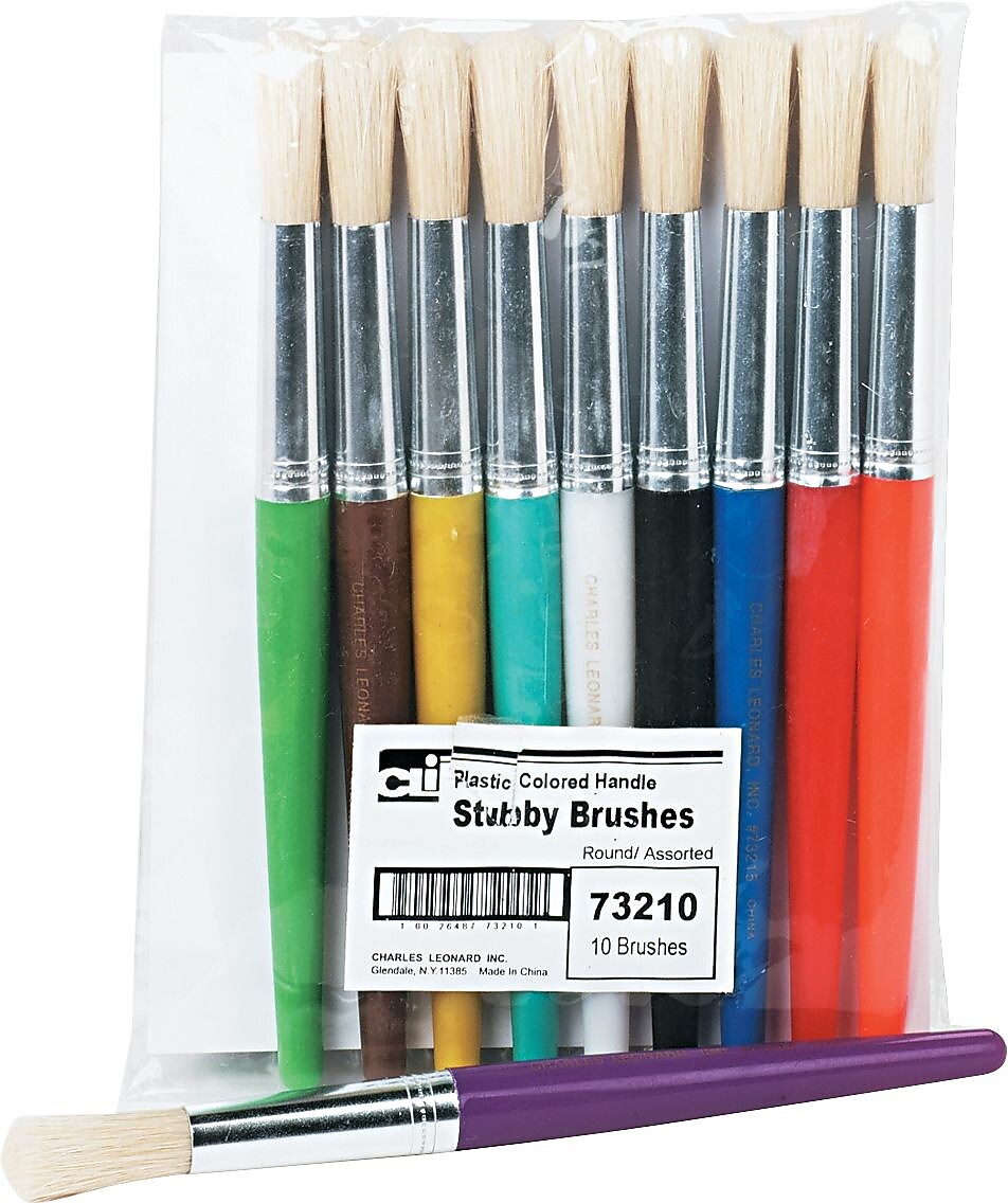 CLI Leonard Stubby, Round Natural Bristle Brush Set, 7 1/2" Plastic Handles, Assorted Colors, 10/Pk