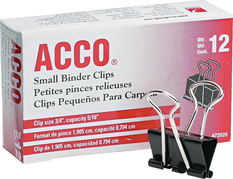ACCO Small Small Binder Clips, 0.31" Capacity, Black/Silver, 12 Clips/Pack, 144 Packs/Carton (A7072020CCT)