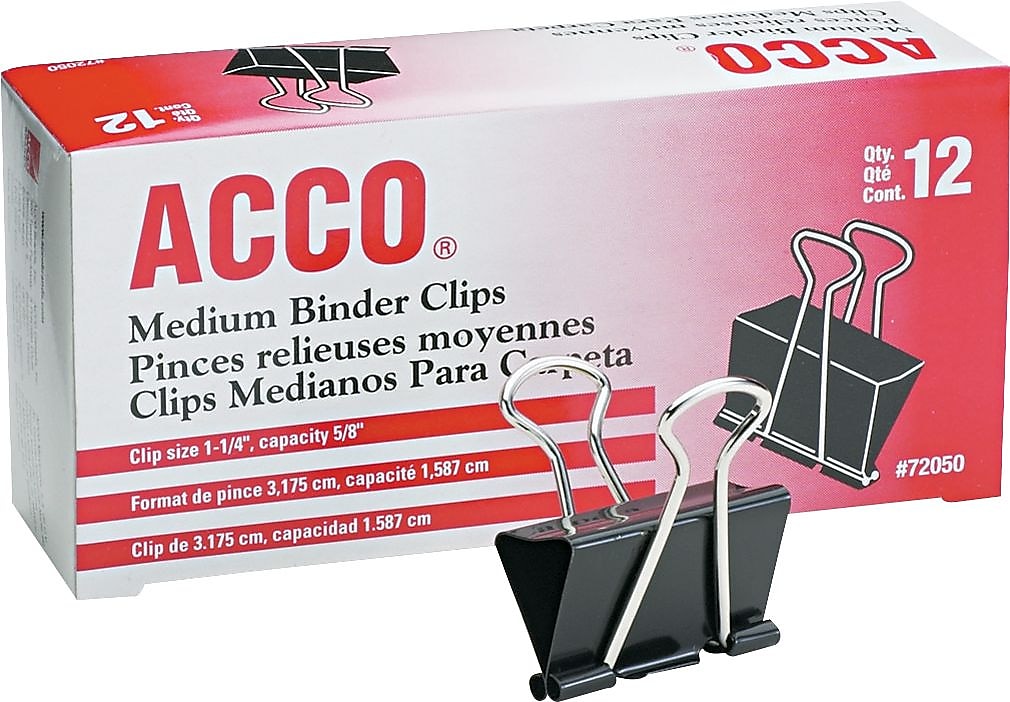 ACCO Medium Binder Clips, 0.63" Capacity, Black/Silver, 12 Clips/Pack, 144 Packs/Carton  (A7072050BCT)
