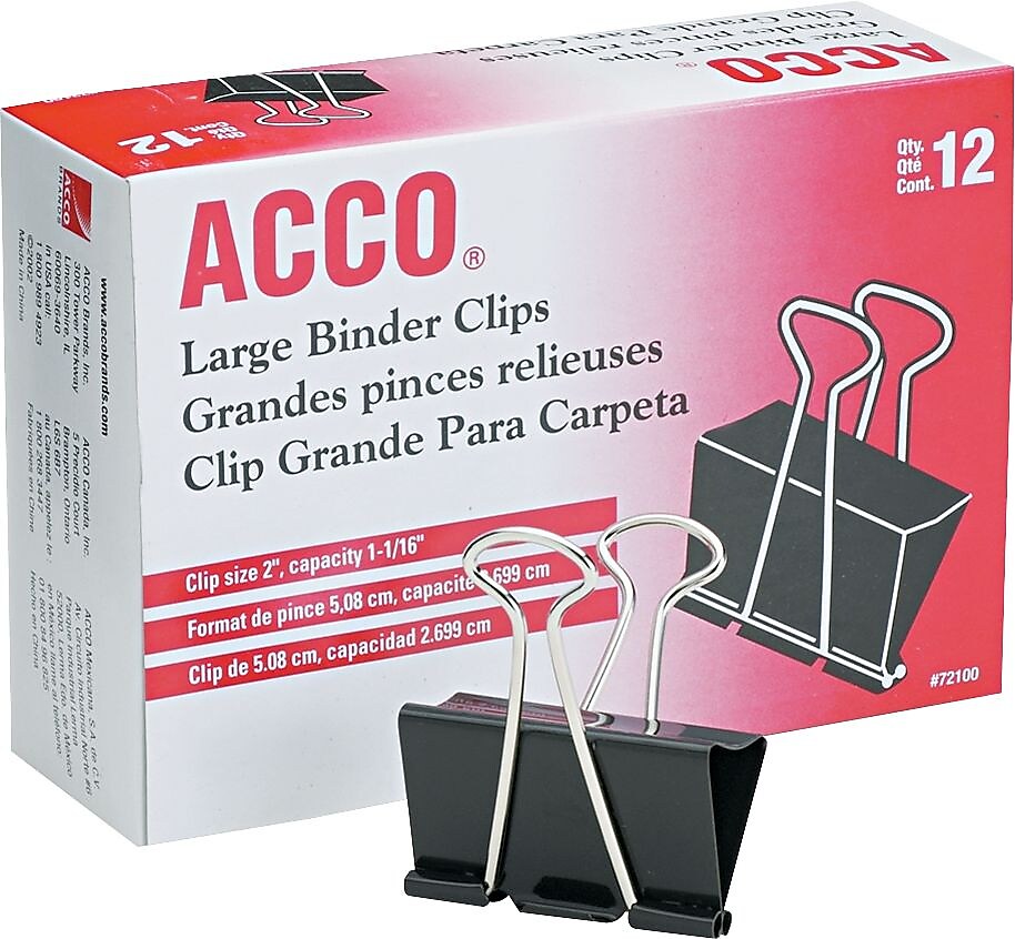 ACCO Large Binder Clips, 1.06" Capacity, Black/Silver, 12 Clips/Pack, 48 Packs/Carton(A7072100BCT)