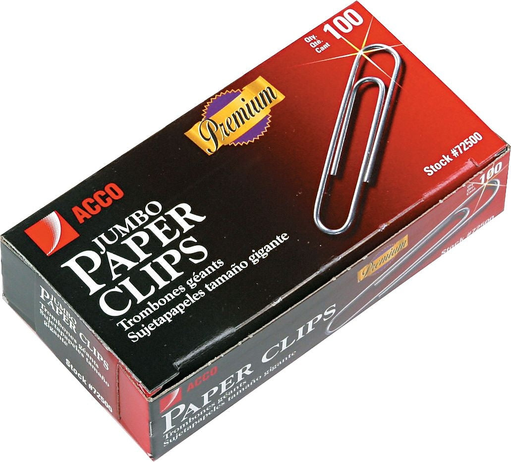 ACCO, Premium Jumbo Paper Clips, Smooth Finish, Jumbo Size 1-7/8", 100/Box (72500)