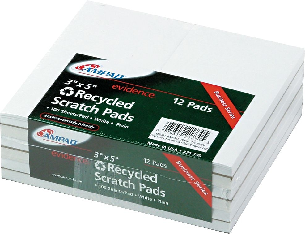 Ampad Evidence Recycled Scratch Pads, White, 3" x 5", 100 Sheets/Pad, 12/Pack