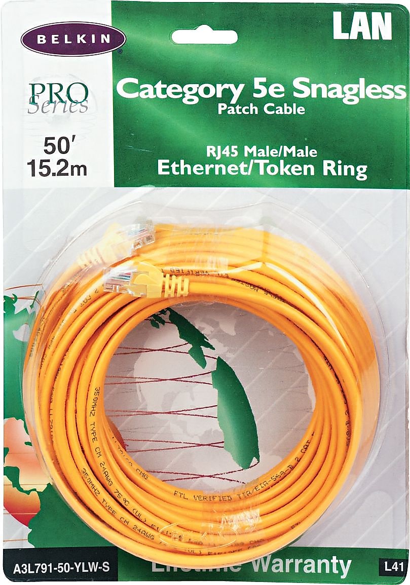 Belkin, 50' Snagless Cat 5E, 10/100Base-T Patch Cables, Yellow