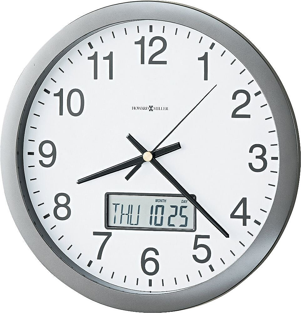 Howard Miller Round Chronicle Wall Clock with LCD Inset, Gray Frame, 14"