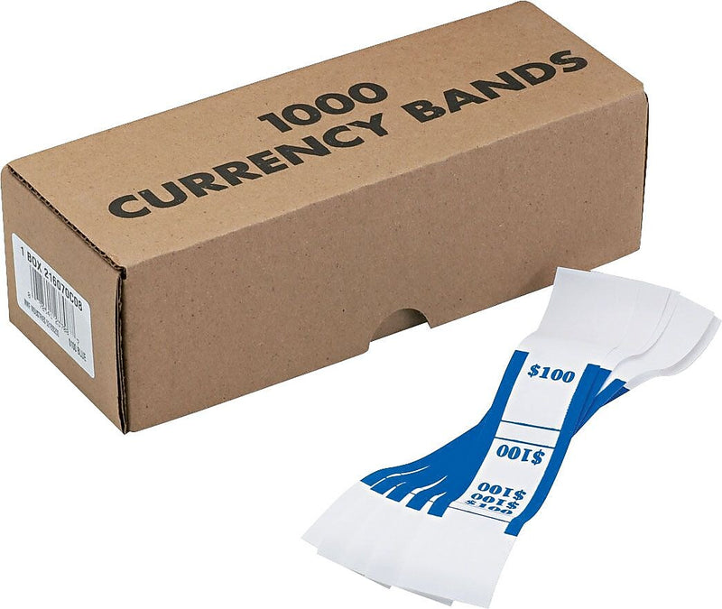 Pap-R Products Currency Straps, White with Blue Print, 1000/Pack (400100)