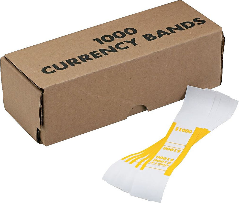 Pap-R Products Currency Straps, White with Yellow Print 1000/Pack (401000)