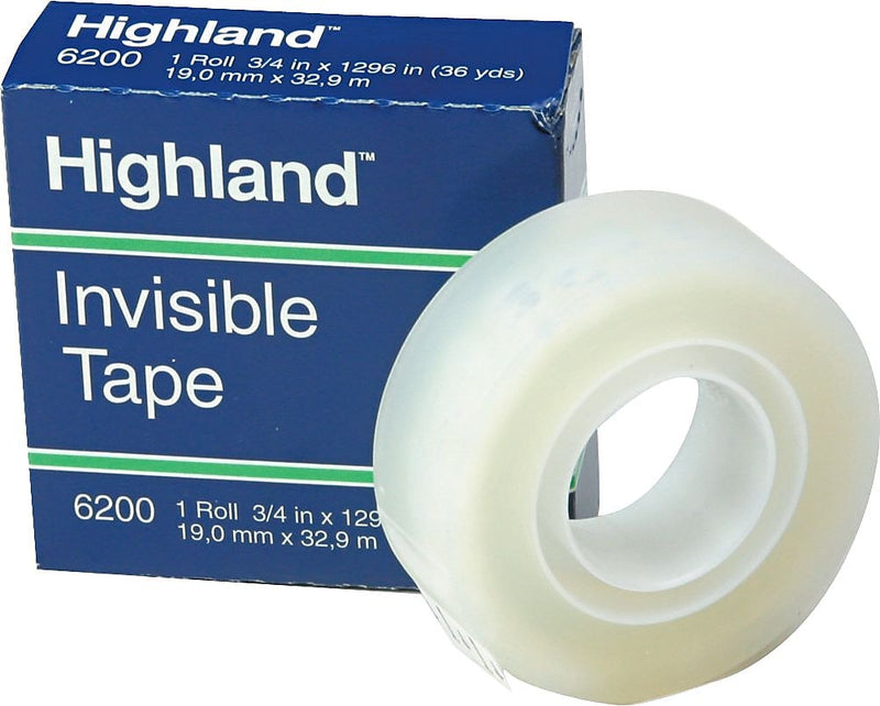 Highland Invisible Clear Tape, 0.75" x 36 yds., 1" Core, Invisible (6200341296)