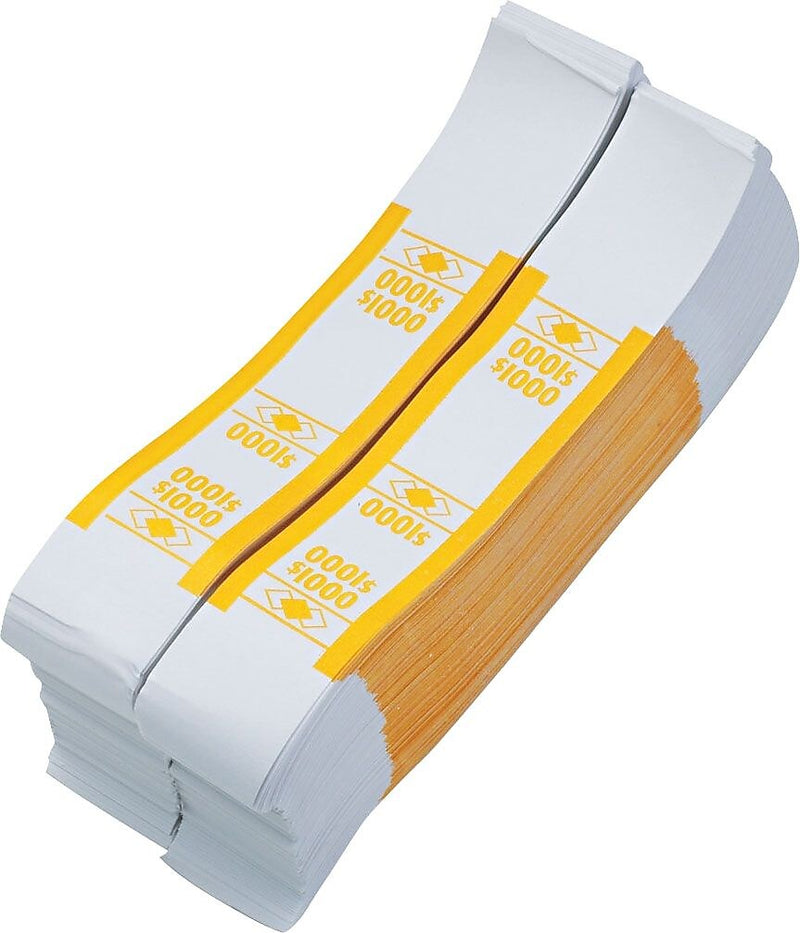 Pap-R Products Currency Straps, White with Yellow Print 1000/Pack (401000)