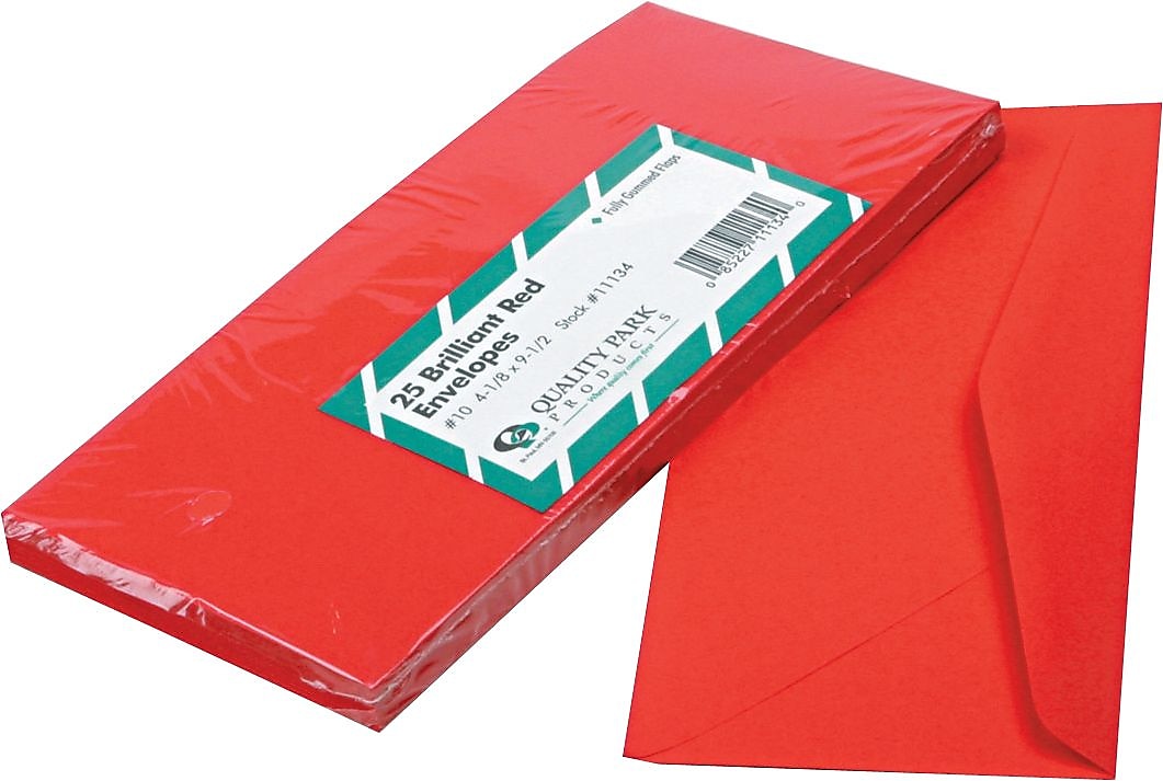 Quality Park Gummed Brightly Colored Business #10 Envelopes, 4-1/8" x 9-1/2", Red, 25/Pack