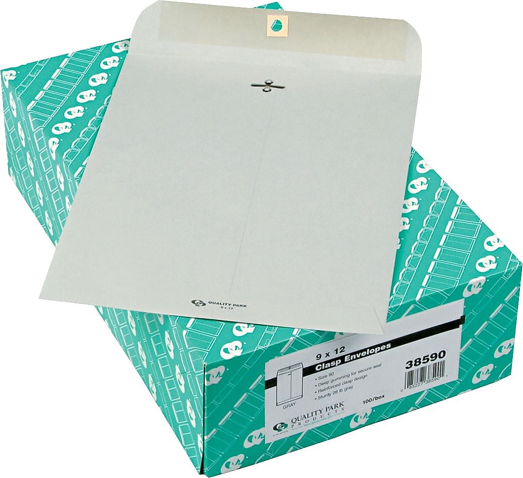 Quality Park 28lb. Clasp Colored Kraft Catalog Envelopes, Grey Kraft, 9x12", 100/Box