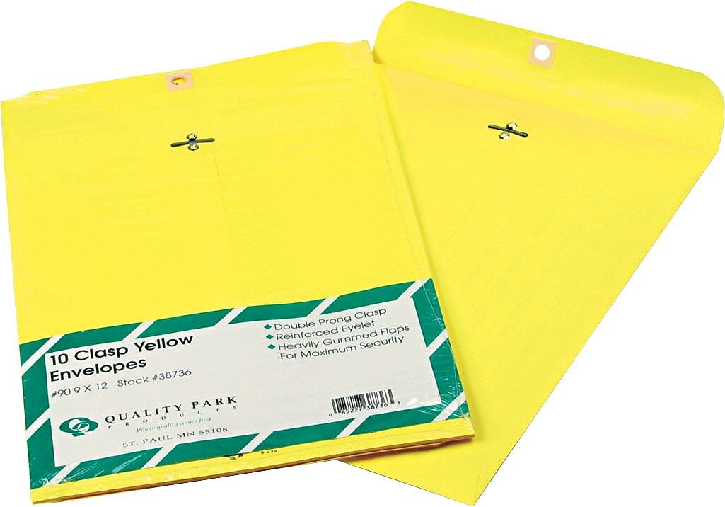 Quality Park 9" x 12" Yellow Clasp Envelopes, 10/Pack