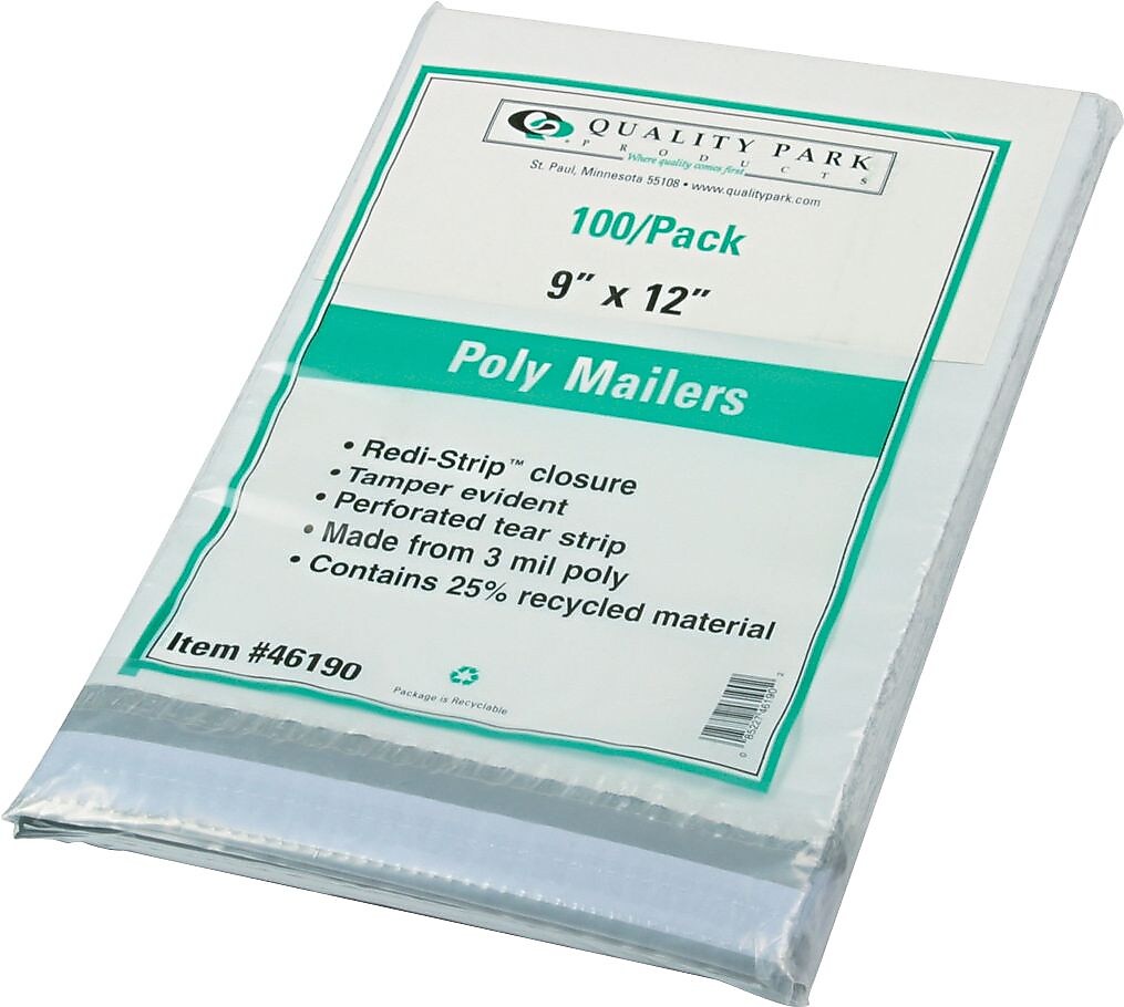9"W x 12"L Redi-Strip Poly Mailers, White, 100/Pack (QUA46190)