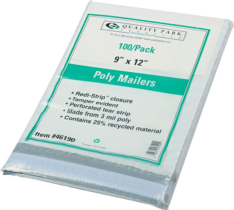 9"W x 12"L Redi-Strip Poly Mailers, White, 100/Pack (QUA46190)