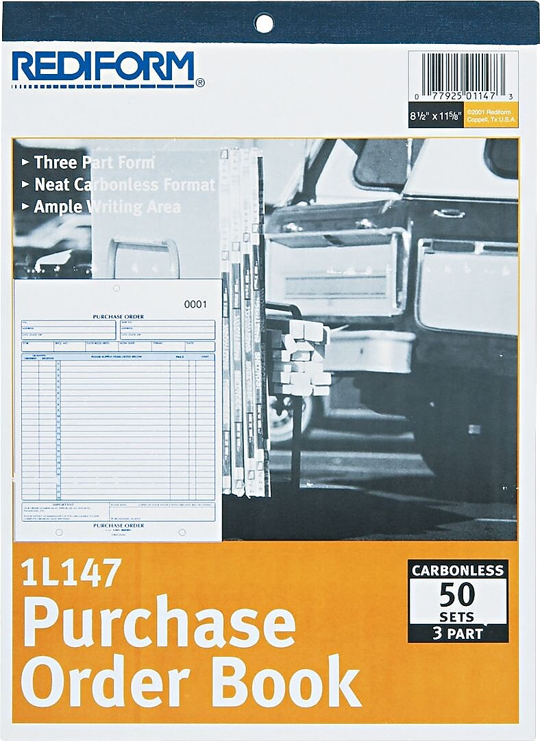 Rediform 3-Part Carbonless Purchase Order, 8 1/2" x 11", 50 Sets/Book (1L147)