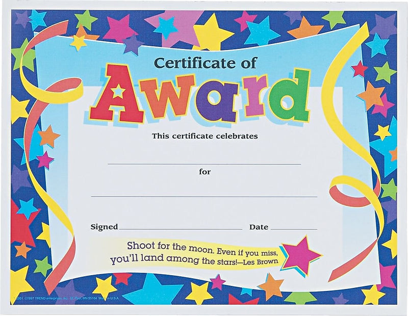 Trend Enterprises "Certificate of Award" Certificates, Assorted Colors, 8 1/2"H x 11"W, 30/Pack (T2951)