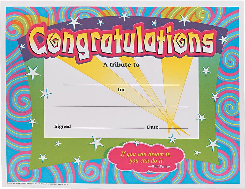 Trend Enterprises "Congratulations" Award Certificates, Assorted Colors, 8 1/2"H x 11"W, 30/Pk (T2954)