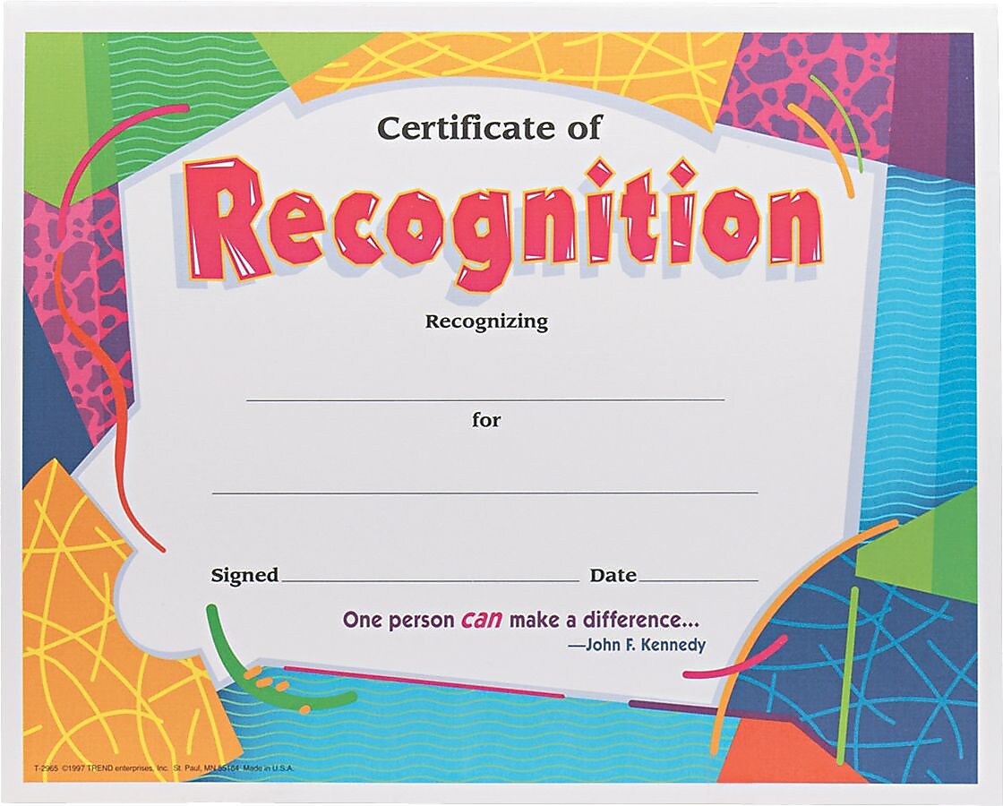 Trend Enterprises© Certificate of Recognition Award, Assorted Colors, 8 1/2"H x 11"W, 30/Pk