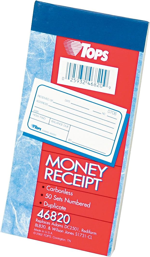 TOPS 2-Part Money/Rent Receipt Book, 5.37" x 2.75", White, 50 Forms (46820)