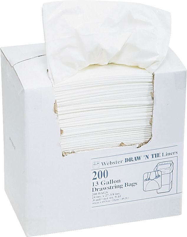 Berry Global Draw 'N Tie 13 Gallon Trash Bag, 24" x 27.38", Low Density, 0.9mil, White, 200 Bags/Box (1DK200)