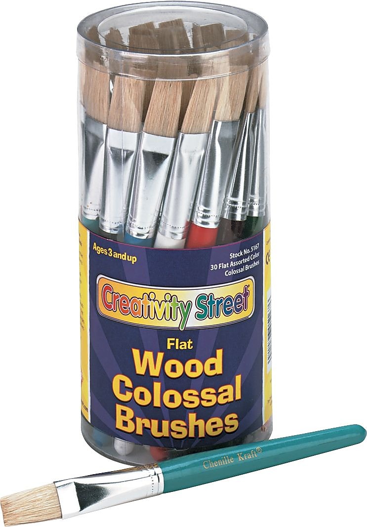Creativity Street Wood Handle Colossal Flat Brushes, Assorted Colors, 30 Brushes/Canister (CKC5167)