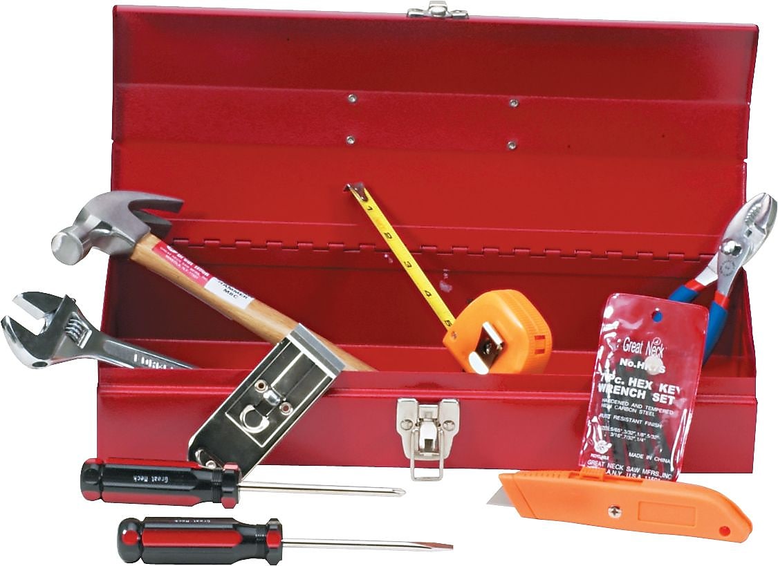 Great Neck® Professional-Quality Tools, 16-Pieces Light Duty Office Tool Kit, Red Metal Box (GNSCTB9)